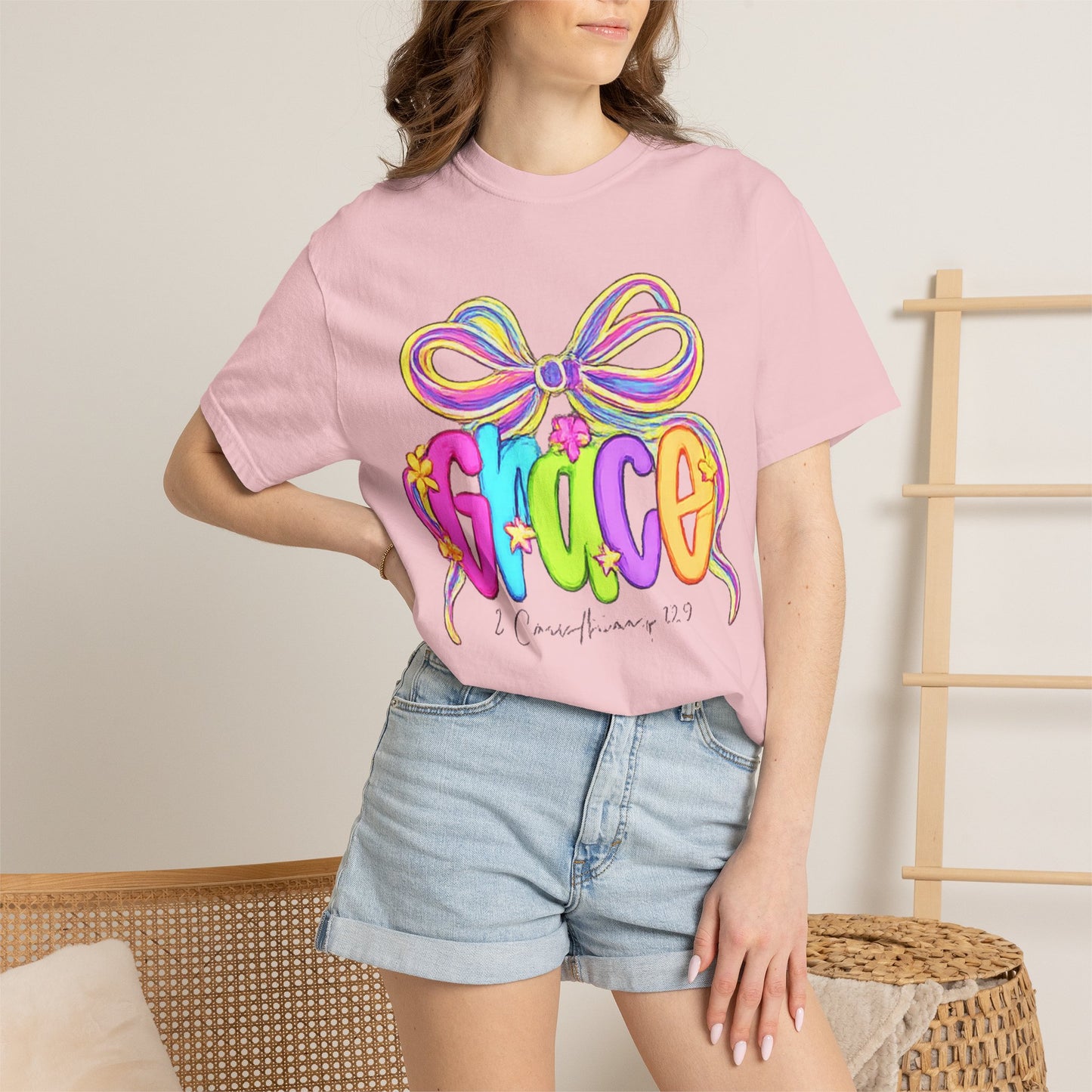 Grace rainbow bow T-shirt | Scripture 2 Corinthians 12:9