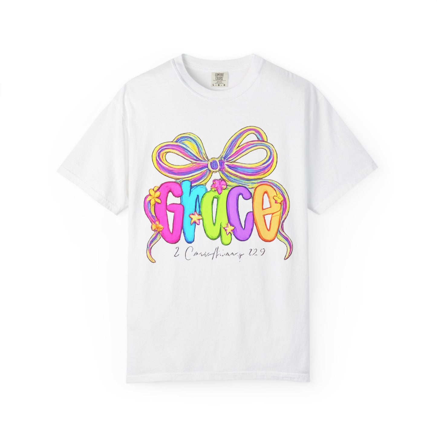 Grace rainbow bow T-shirt | Scripture 2 Corinthians 12:9