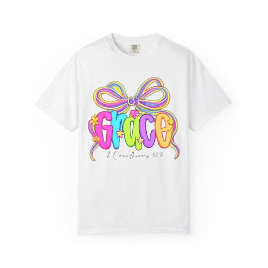 Grace rainbow bow T-shirt | Scripture 2 Corinthians 12:9