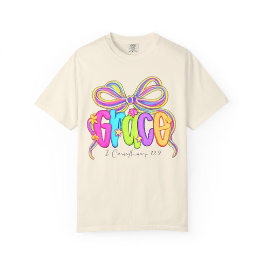 Grace rainbow bow T-shirt | Scripture 2 Corinthians 12:9