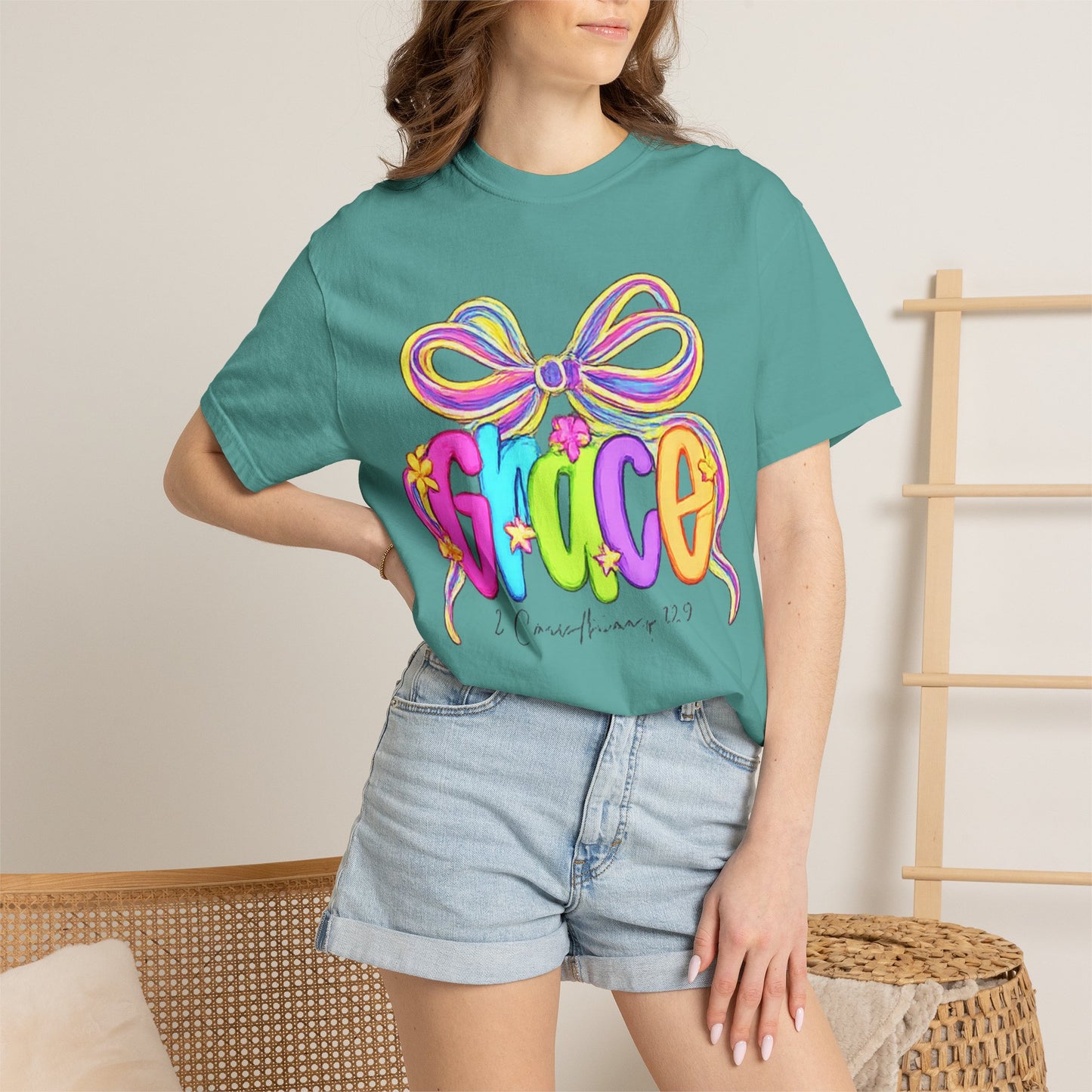 Grace rainbow bow T-shirt | Scripture 2 Corinthians 12:9